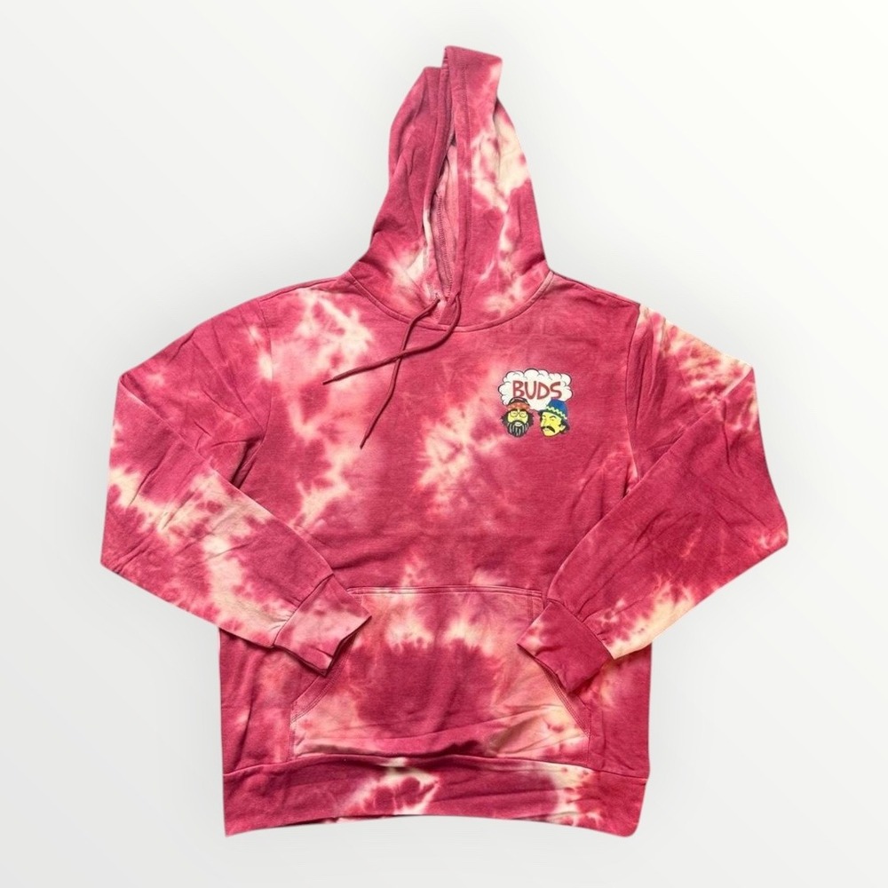 Cheech & Chong Buds Tie Dye Hoodie Pink White Graphic Sweatshirt Mens Medium NEW